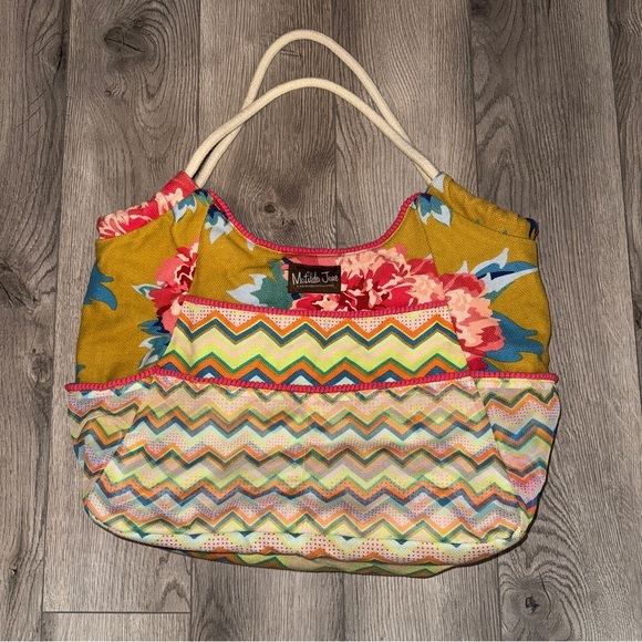 Matilda Jane Clothing Yellow Pink Floral Chevron Gather It Up Tote Bag - Picture 1 of 6